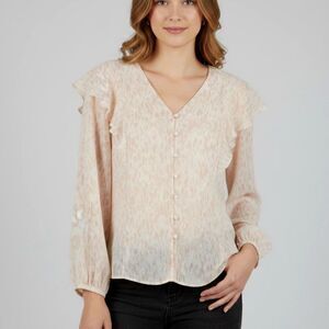 Nine West Ruffle Long Sleeve Button Cream Blush Abstract Romantic Blouse SZ M